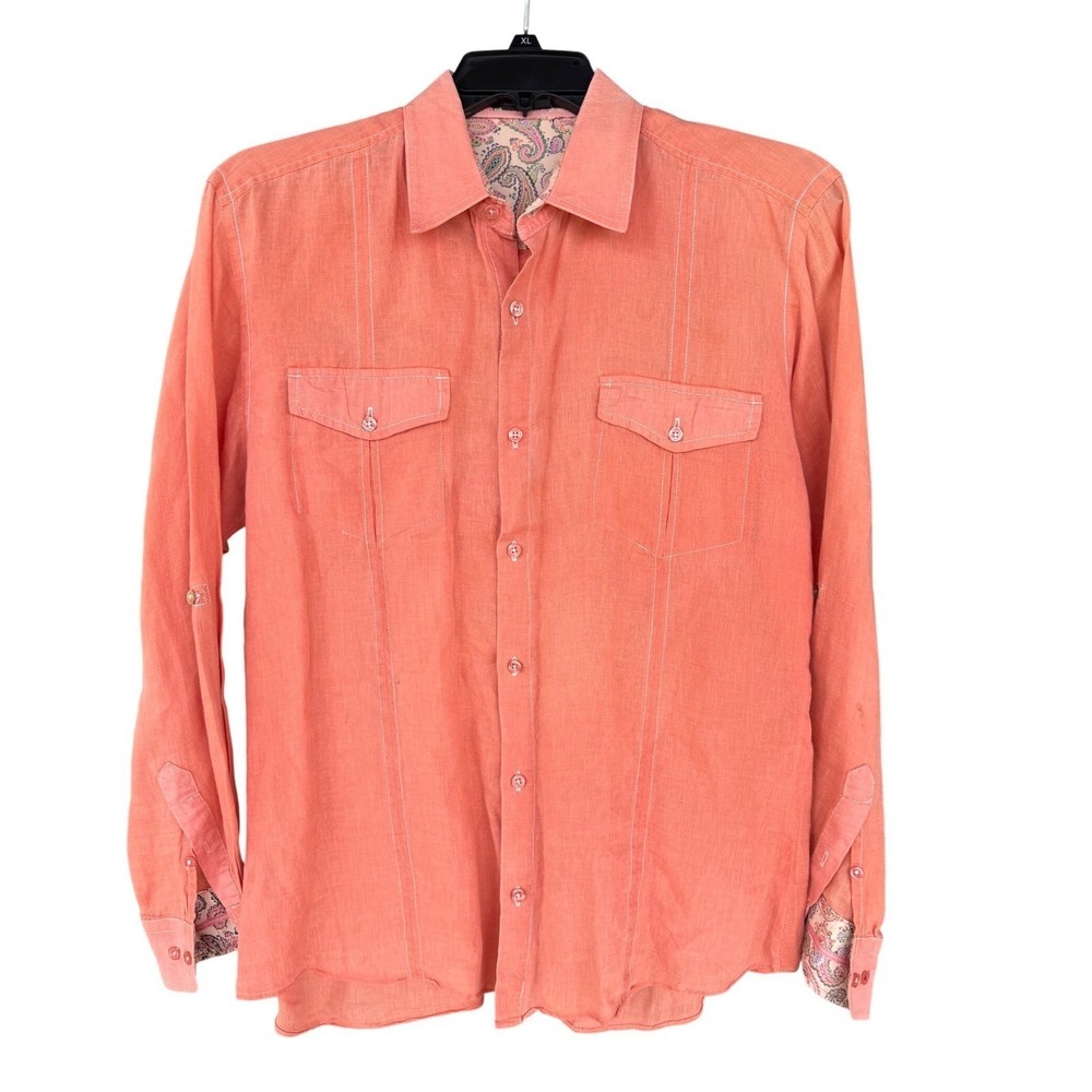 Tulliano Shirt Mens L Linen Coral Paisley Trim Long Sleeve Roll Tab Resort Wear